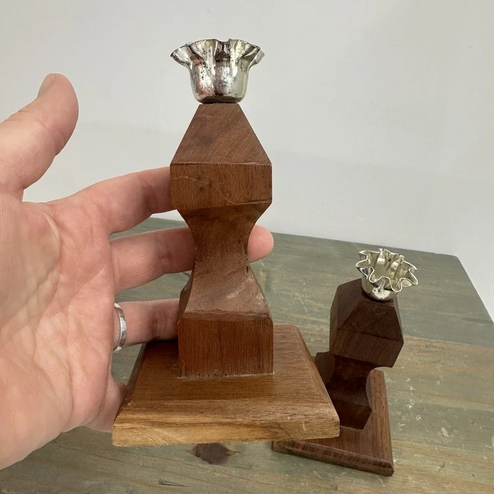 Vintage Mid Century Wood Candle Holders Pair Geometric Carved Taper Candlesticks